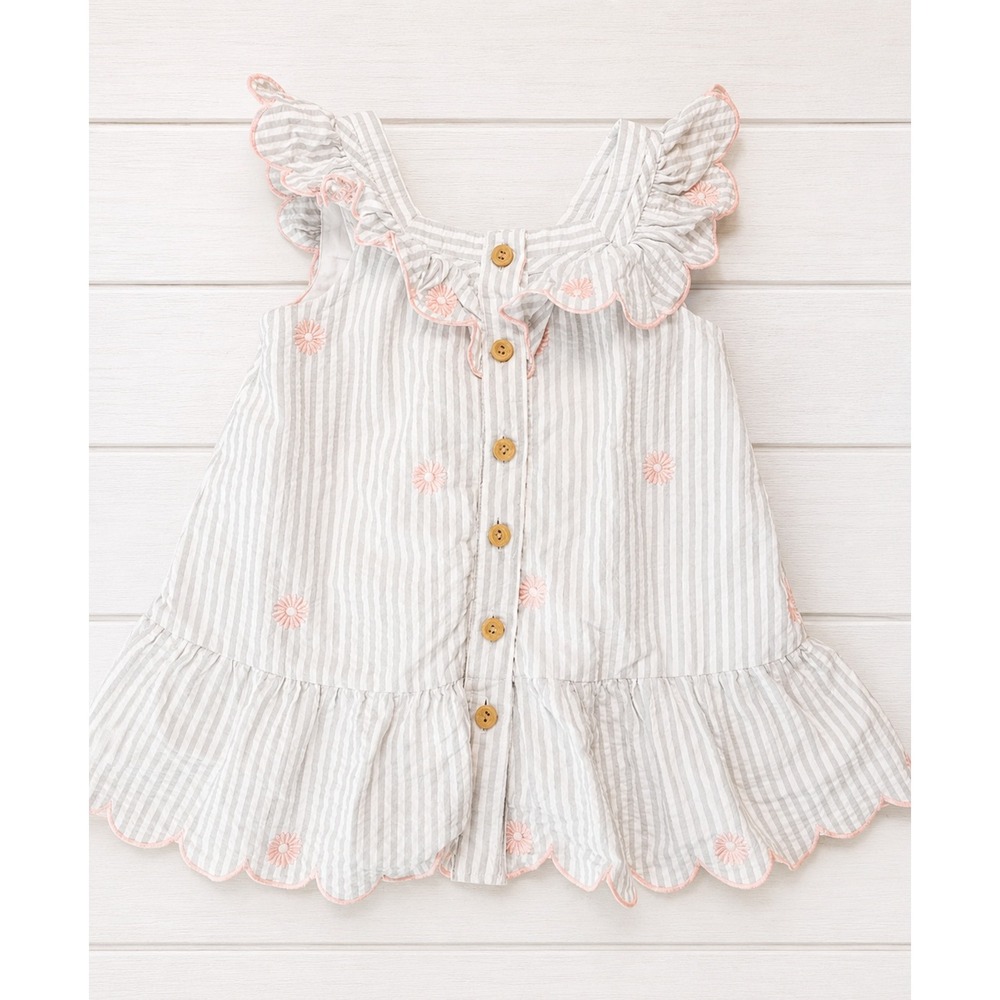 Happily Grey Dress Baby Girls 24M Grey White Striped Embroidered Floral Ruffle